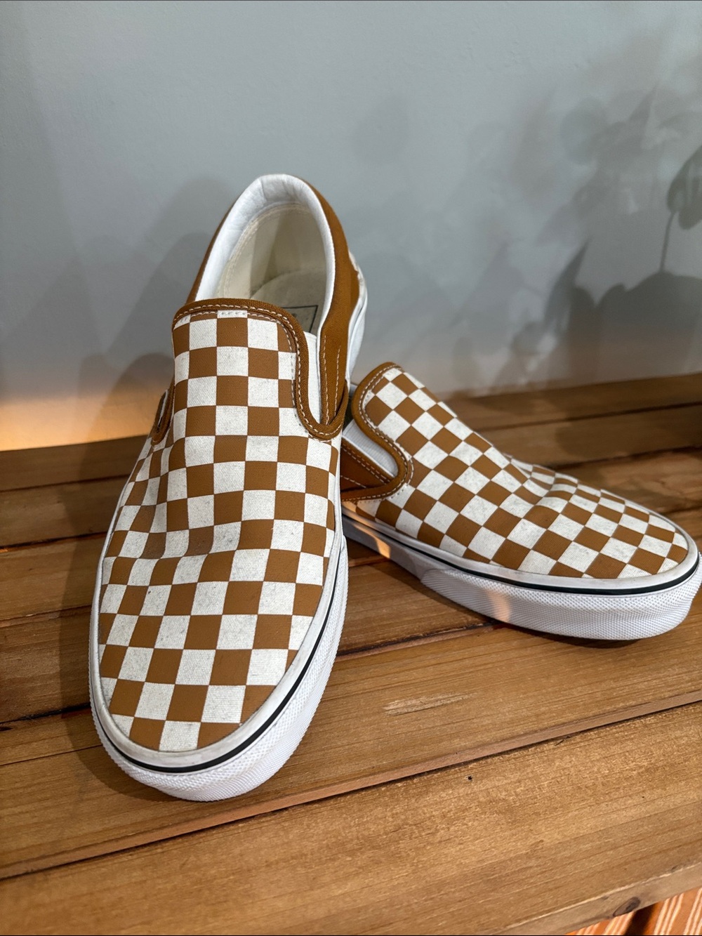 Vans Men Slip-On Sneakers in Brown and White Checkerboard